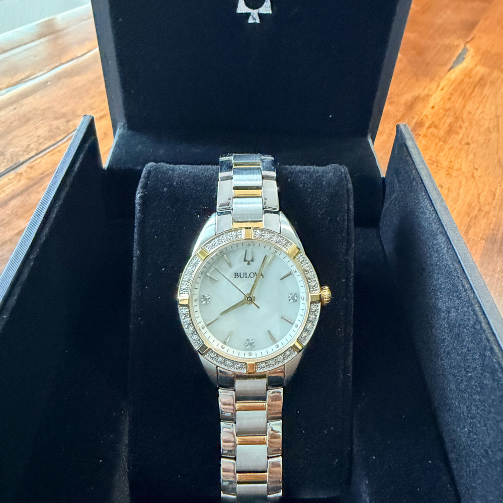 Bulova Sutton Two-Tone Diamond Watch MOP Dial Model 98R263